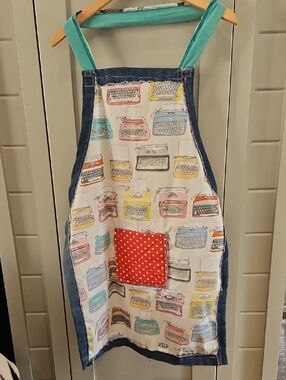 Hand Crafted BY ME Teal Strap Apron revesible Multicolor Typewriter Print Denim